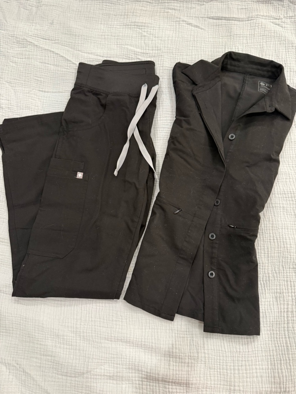 Figs Women's Black Jogger Scrub Pants with White Drawstrings & Button Up Top